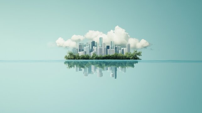 Modern cityscape reflected on calm water