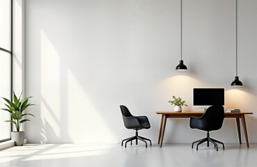 Modern office space with sleek black chairs, wooden table. Empty room with blank wall. Stylish pendant lights add inviting ambiance. Potted plant sits near large window. Ideal for interior design,