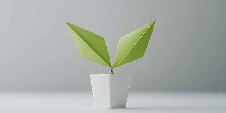 Minimalist origami plant in a white pot.  A simple, modern design representing growth and new beginnings.