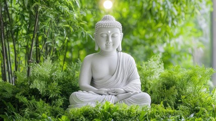 Serene Buddha statue meditating amidst lush green foliage.