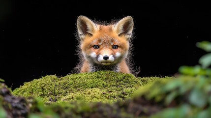Obraz premium Red fox kit peering from moss, dark background, wildlife photography, nature poster