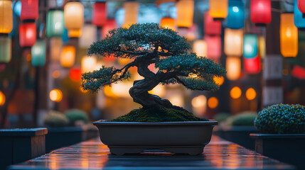 A windswept bonsai tree on display at a traditional Japanese festival, with colorful paper lanterns glowing in the background, during a vibrant evening