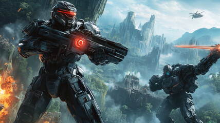 A high-resolution, cinematic-style wallpaper featuring iconic characters from famous video games, such as a futuristic soldier from a first-person shooter game standing next to a medieval warrior with