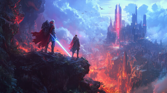 A high-resolution, cinematic-style wallpaper featuring iconic characters from famous video games, such as a futuristic soldier from a first-person shooter game standing next to a medieval warrior with