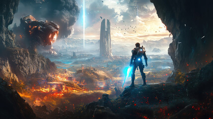 A high-resolution, cinematic-style wallpaper featuring iconic characters from famous video games, such as a futuristic soldier from a first-person shooter game standing next to a medieval warrior with