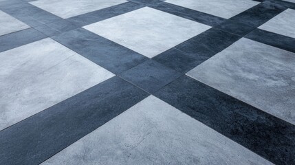 Close-up of a tiled floor. the tiles are arranged in a grid-like pattern, with each tile having a different color - white, grey, and black.