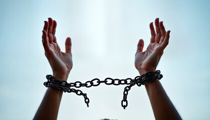 Person with shackled hands reaching towards sky. Bound but hopeful. Image of struggling against oppression. Focus on captivity, longing for freedom. Symbolic image about breaking chains of bondage.