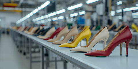 Rows of colorful high heels on display in a modern factory setting.  A glimpse into the production of elegant footwear.