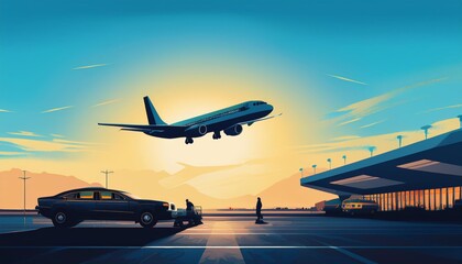 Silhouette of a jumbo jet landing and a taxi car waiting at the airport