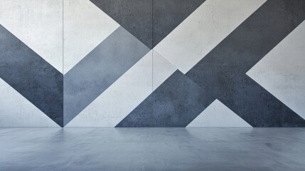 Empty room with a concrete wall and floor. the wall is painted in a geometric pattern of black and white diagonal lines, creating a zigzag effect.