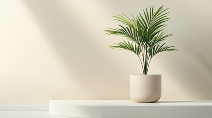 Potted plant on a white shelf against a plain white wall. the plant has long, green leaves that are spread out in a fan-like shape. the pot is white and appears to be made of ceramic or porcelain.