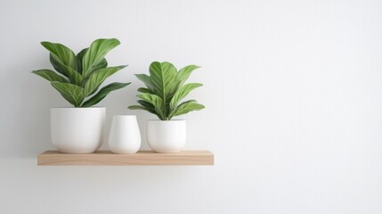 Wooden shelf attached to a white wall. on the shelf, there are three white pots with green leaves.
