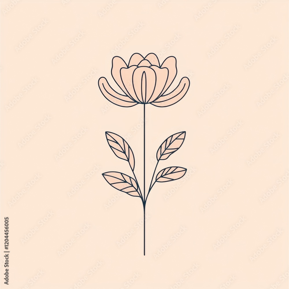 Poster elegant line drawing of a flower with leaves on a soft pastel background showcasing simplicity and b