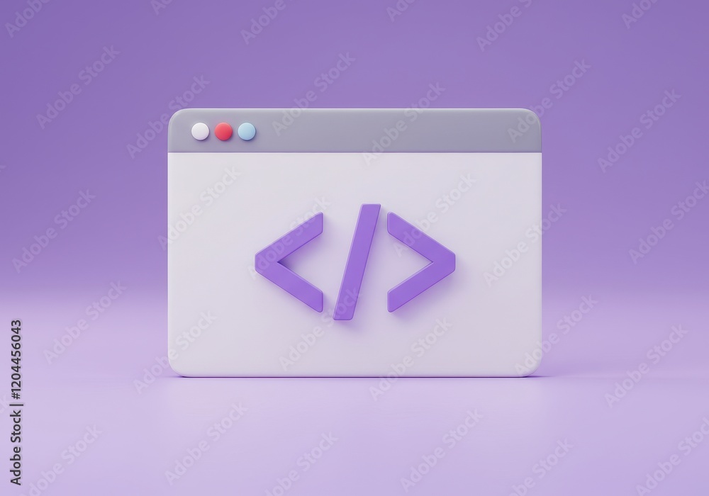 Poster a modern 3d illustration of a browser window with purple coding brackets