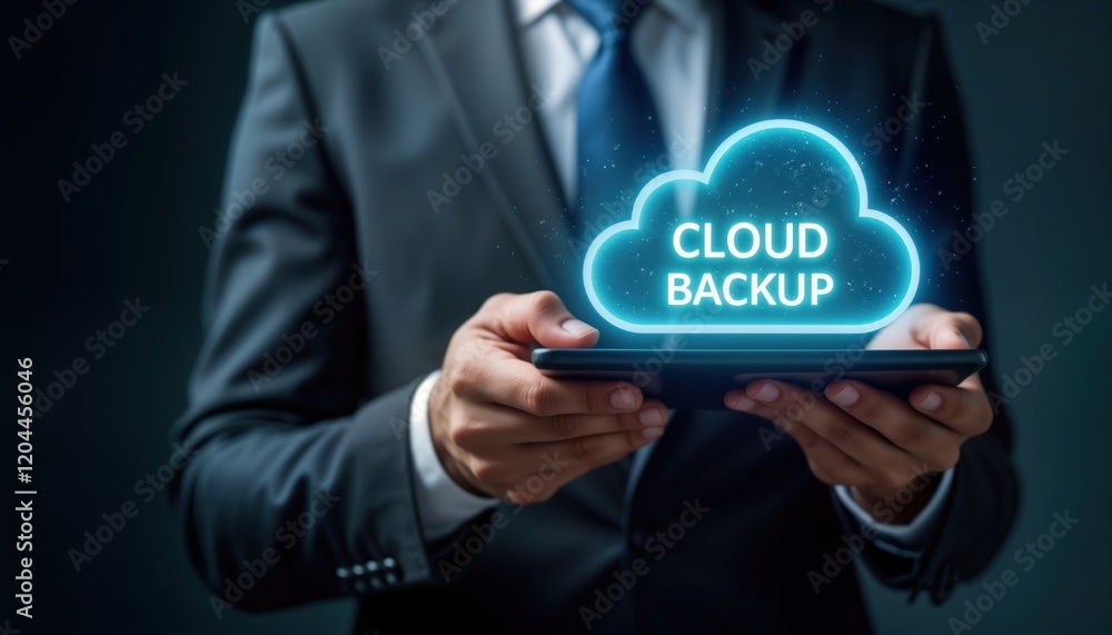 Poster Businessman holds tablet displaying cloud backup hologram. Digital data storage concept. Modern tech solution for secure data backup. Cloud computing illustration. Businessman uses digital