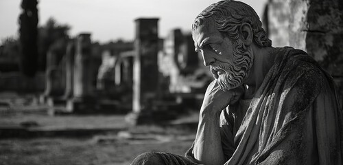 A Stoic Philosopher Statue with a Pensive Expression, Surrounded by Ancient Ruins
