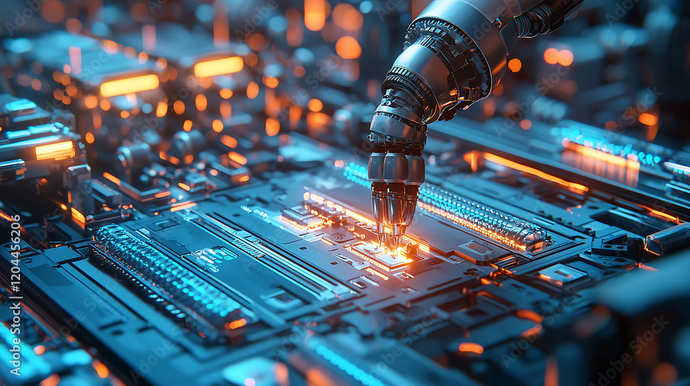 Poster futuristic robotic arm assembling advanced circuit board technology