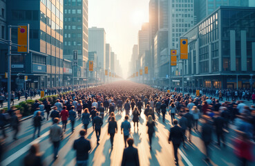 Massive crowd walks city street. Urban setting. People move fast. Sunny day. Many people. Urban scene. City life. Global population. World population growth. Densely populated area.