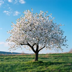Naklejka premium Almond tree with white flowers on the meadow, spring landscape