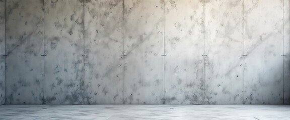 Empty loft interior displays grey concrete wall with smooth surface, subtle scratches. Hard, flat floor complements industrial aesthetic. Modern design elements complement aged texture. Minimalist