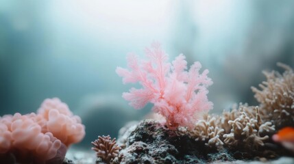 Fototapeta premium Dreamy underwater scene with pink coral and soft marine flora against a gentle blue oceanic background, exuding tranquility and natural beauty.