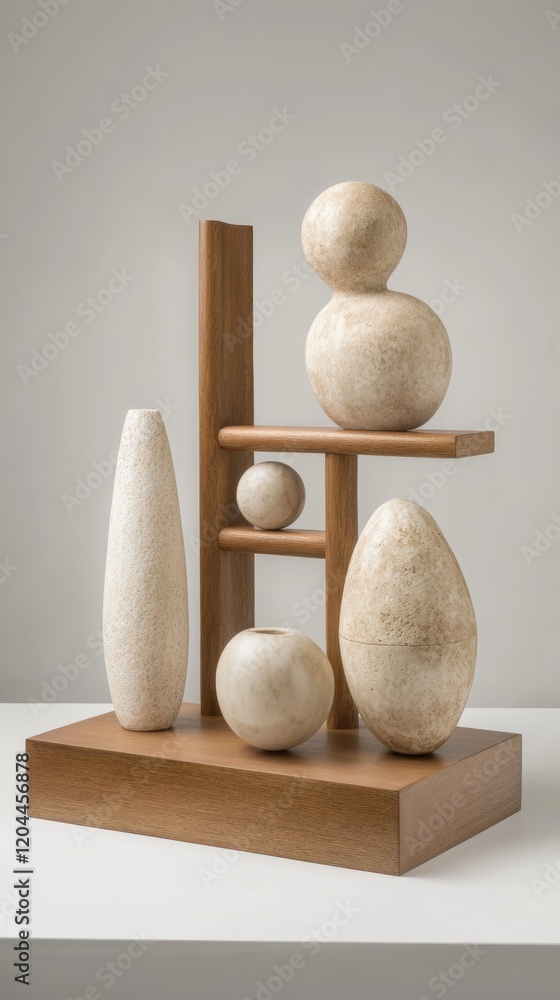 Poster avant-garde sculpture composed of abstract forms and natural textures showcasing modern artistic exp