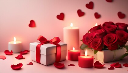 A romantic Valentine's Day setting with red roses, heart-shaped candles casting a soft glow, and a gift beautifully wrapped, creating a perfect atmosphere for love and celebration.