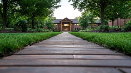 Obraz premium Pathway to building; green lawns, trees; evening light; campus scene; educational setting