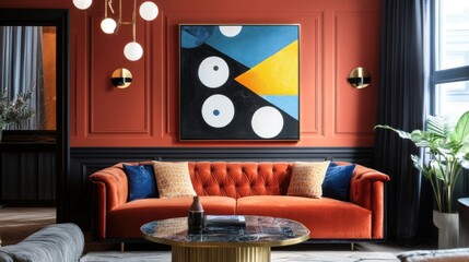 Interior design featuring an orange sofa, a geometric painting, and modern lighting fixtures