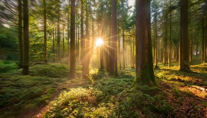 Obraz premium A serene forest scene with sunlight streaming through tall trees, creating a magical atmosphere, where soft rays of light filter through the leaves, illuminating the peaceful surroundings.
