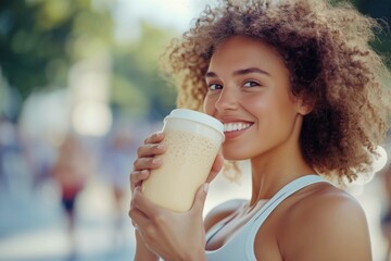 Fit woman drinking her protein shake at the shaker after her workout