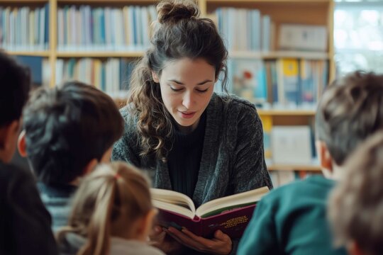 Teacher reading book to a group of kids at the library - Powered by Adobe