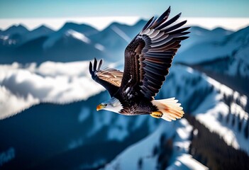 Obraz premium Majestic bald eagle soaring over snow-capped mountains during a clear day