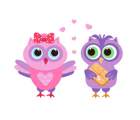 A couple of cartoon owls with a gift in a festive package and hearts. Cute bright set of owls. Valentine's Day, birthday, wedding.