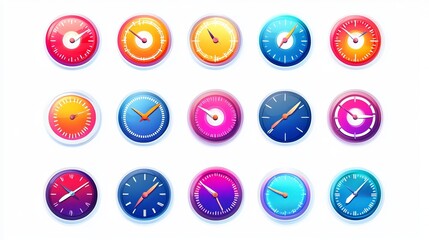 A set of vector icons representing quick time and speed, featuring symbols like a stopwatch, fast-forward arrows, and speedometers. These icons are isolated on a white background 