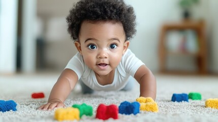 Happy baby crawling on floor, playing with colorful blocks, home interior.  Use Child development, family, parenting