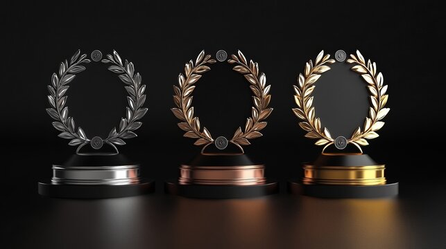 A set of golden, silver, and bronze award signs featuring podiums and laurel wreaths, isolated on a black background. 