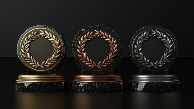 A set of golden, silver, and bronze award signs featuring podiums and laurel wreaths, isolated on a black background. 