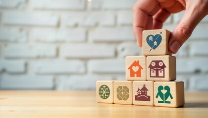 Person builds structure of wooden blocks. Block holds symbol representing health safety environment similar concepts in industry. Hse education industry concept image. Image shows safety compliance,