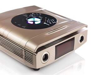 Fototapeta premium Front view of a stylish projector, detailed close-up, isolated on white background.