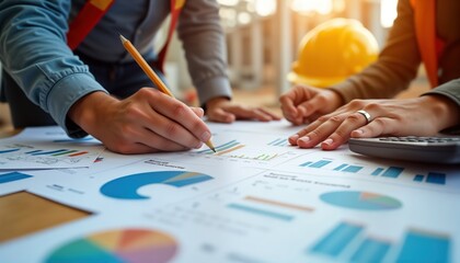 Construction project team reviews financial charts for budget adjustments. Team members analyze graphs, calculations. Detailed financial documents, plans displayed on table. Team plans to improve