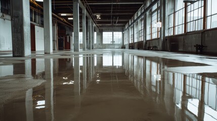 Fototapeta premium A cavernous industrial space with puddles reflecting the geometric patterns of windows and beams, evoking vastness and potential.