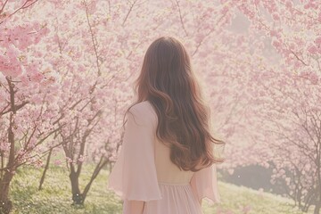Soft pink blossoms surround figure, creating dreamy, serene ambi