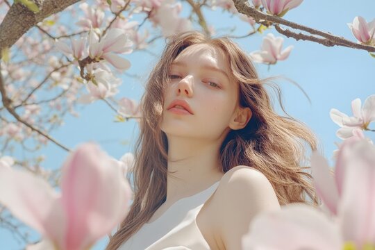 Radiant portrait amidst blooming magnolias, capturing serene bea