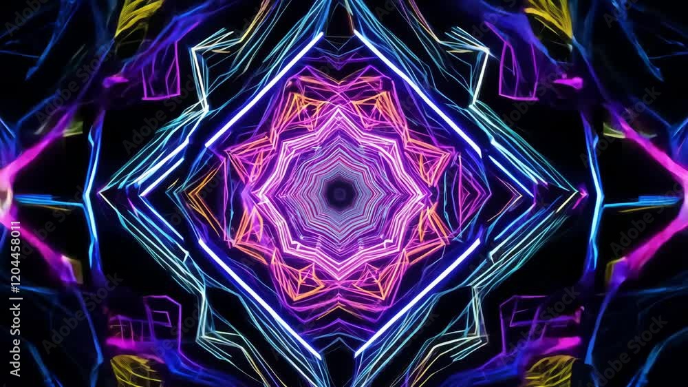 Poster neon geometric pattern with vibrant colorful symmetrical lines in dark background