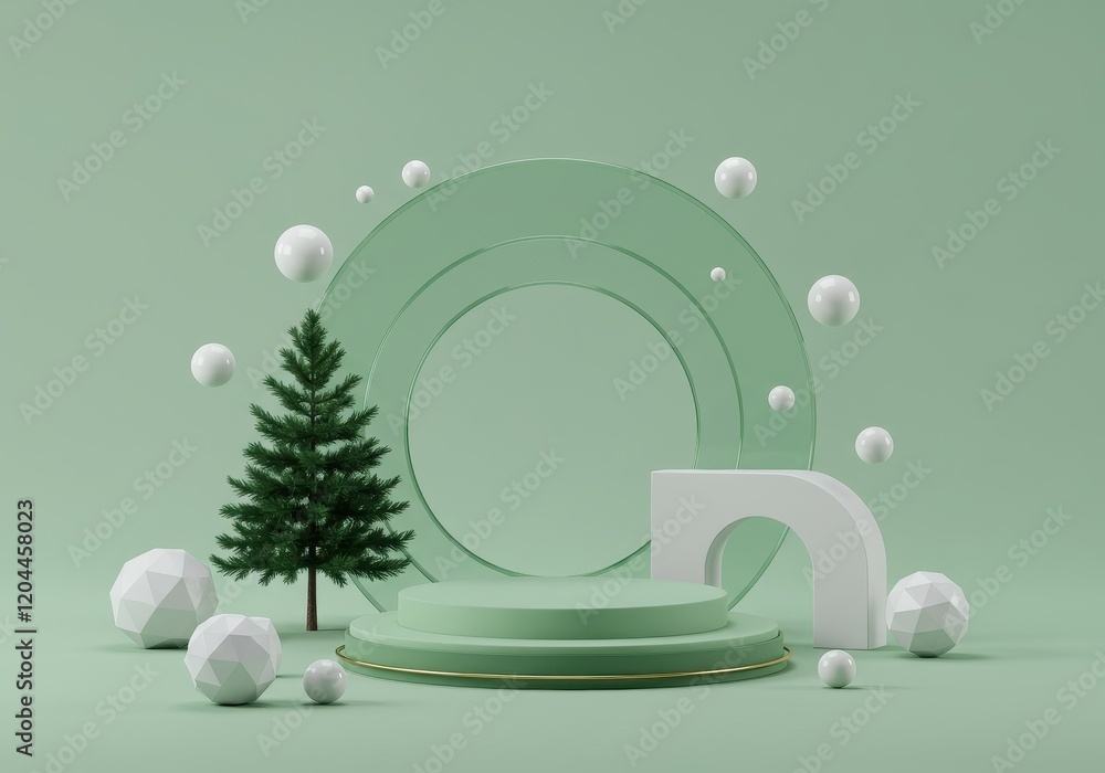 Poster a 3d minimalist green podium setup with overlapping translucent green circles, surrounded by white g