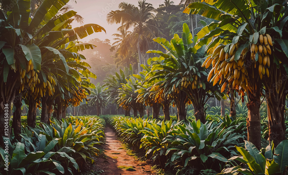 Poster A lush green jungle with a path through it. The path is lined with banana trees. The sun is shining through the trees, creating a warm and inviting atmosphere
