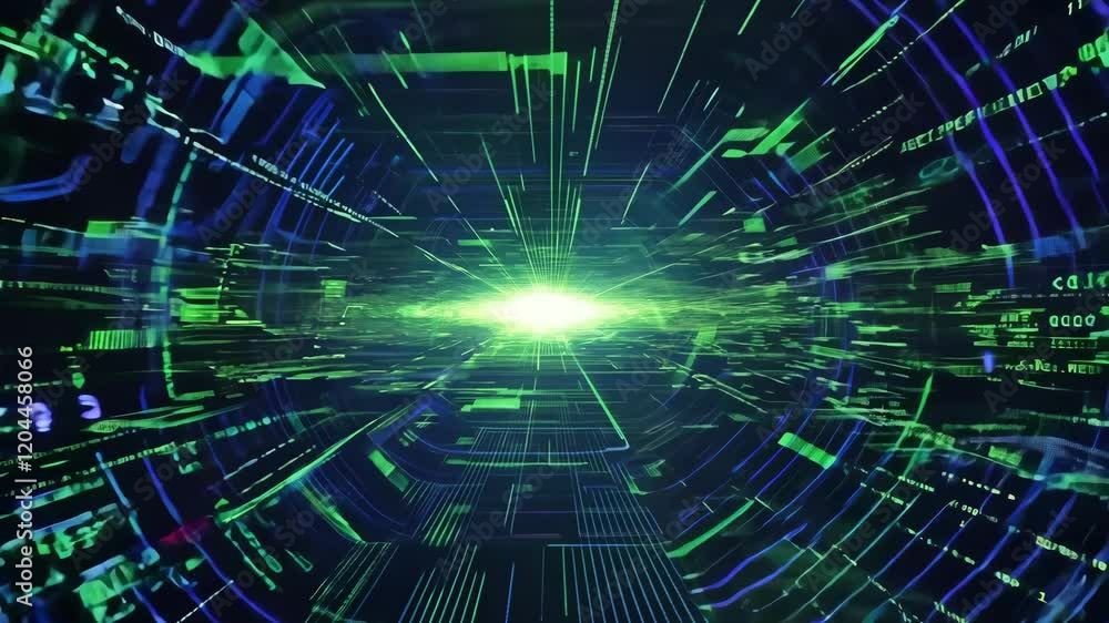 Poster futuristic digital data tunnel with green neon lights and abstract network