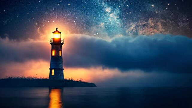Lighthouse under a starry night sky with rolling clouds and calm sea reflection