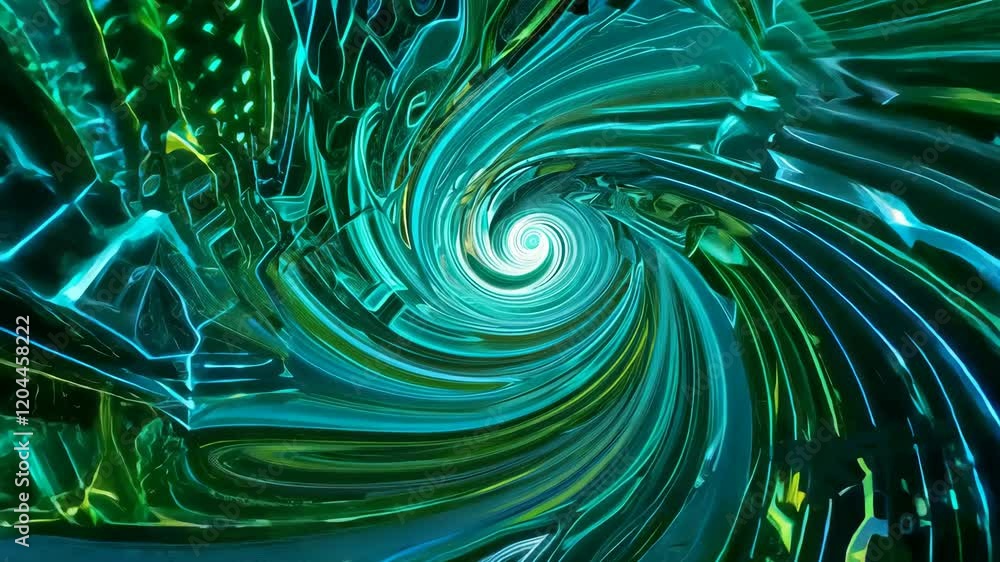 Poster abstract green and blue swirling vortex with intricate patterns and dynamic lines